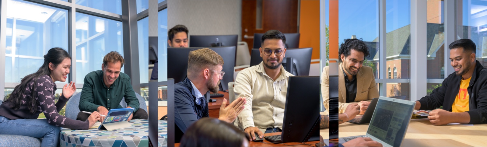 Collage of students talking and being instructed by a professor