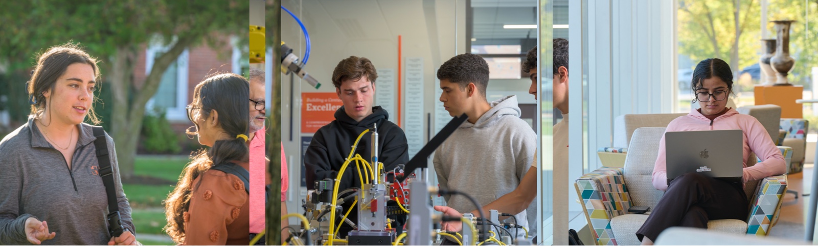 Collage of students studying, talking, and learning from a professor